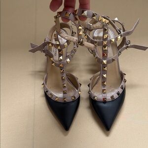 Valentino Garavani Black and Gold Studded Heels